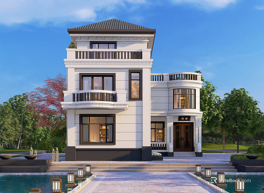 Elegant White Detached Villa Exterior With Balconies Windows And Water Pool 3d model 