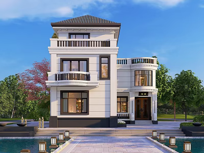 Elegant White Detached Villa Exterior With Balconies Windows And Water Pool 3d model