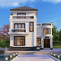 Elegant White Detached Villa Exterior With Balconies Windows And Water Pool