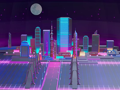 Cartoon City Night Scene With Tall Buildings Full Moon Stars Neon Lights And Bridges 3d model