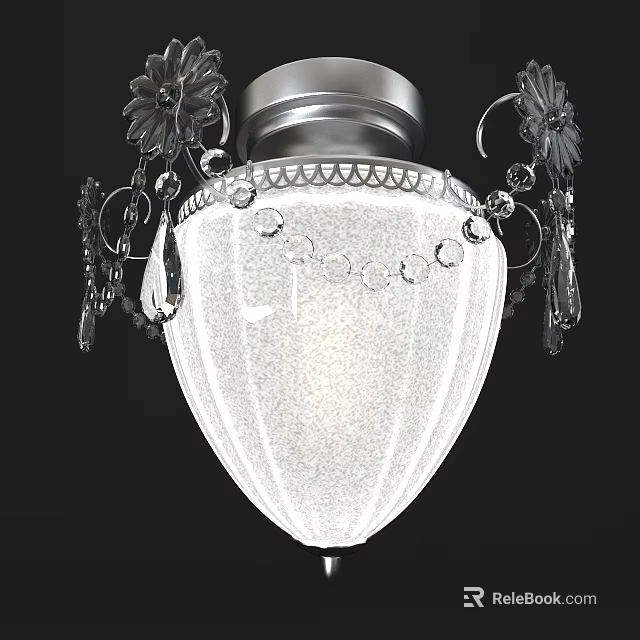 Elegant Crystal Decorated Ceiling Light With Silver Metal Frame And Frosted Glass Shade 3d model 