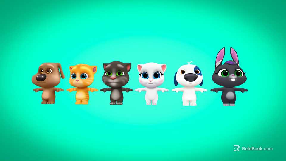 Colorful Cartoon Reptile Characters Lined Up With Turquoise Background 3d model 