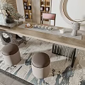 Stylish Tea Table And Stools With Tea Set On Tray Over Decorative Rug And Bookshelf