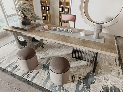 Stylish Tea Table And Stools With Tea Set On Tray Over Decorative Rug And Bookshelf 3d model