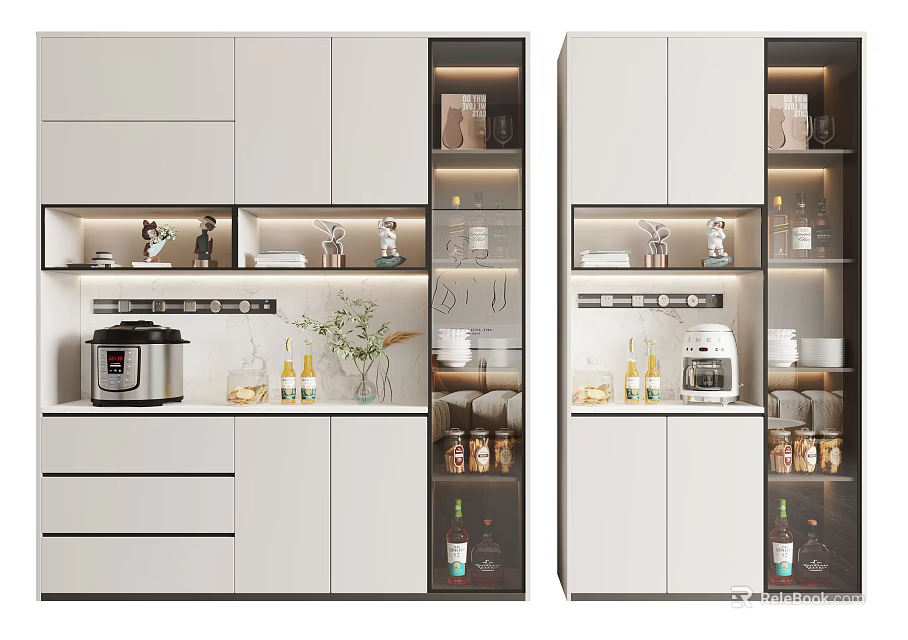 Modern Wine Cabinet Design With Glass Doors LED Lighting And Wine Bottles 3d model 