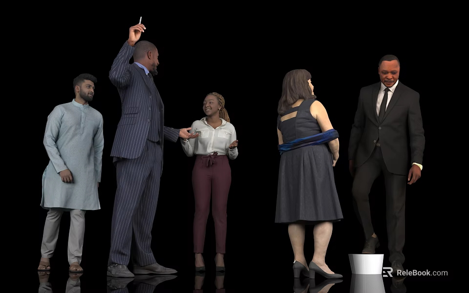 People standing talking with one raising hand in suits and traditional clothing against black background 3d model 