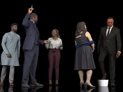 People standing talking with one raising hand in suits and traditional clothing against black background 3d model