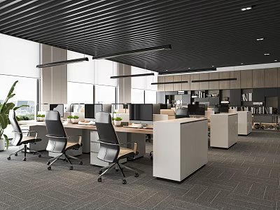 Modern Public Office Space Featuring Linear Ceiling Open Workstations Ergonomic Chairs And Green Plants 3d model