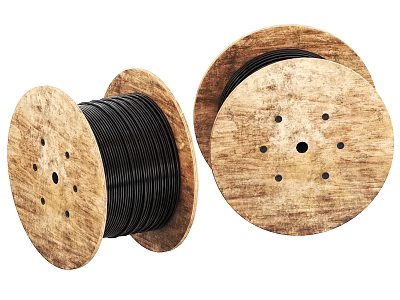 Industrial Equipment Two Cable Reels With Black Cables On Wooden Spools 3d model
