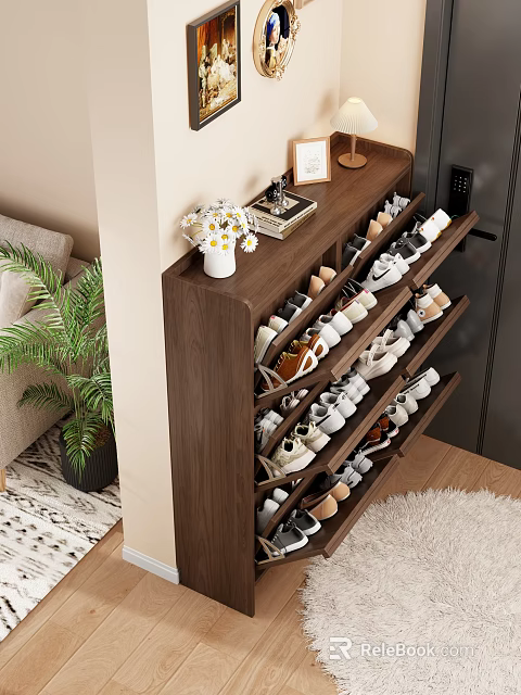 Wooden Multi tiered Shoe Cabinet with Decorative Top Vase White Flowers Photo Frame and Books 3d model 