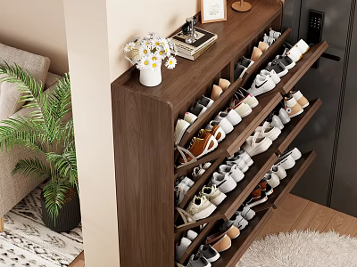 Wooden Multi tiered Shoe Cabinet with Decorative Top Vase White Flowers Photo Frame and Books 3d model