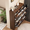 Wooden Multi tiered Shoe Cabinet with Decorative Top Vase White Flowers Photo Frame and Books