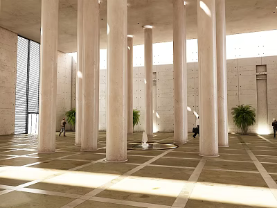 Spacious Hotel Lobby With White Columns Natural Light Green Plants And Patterned Floor 3d model