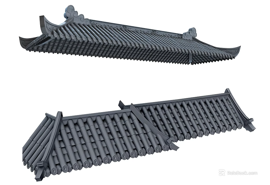 Traditional Chinese Roof Components With Classic Tile Design And Curved Eaves 3d model 