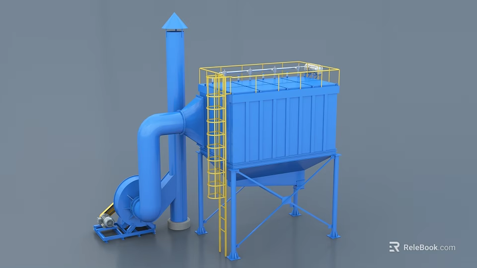 Industrial Dust Collection Equipment With Blue Body Yellow Ladder Platform Pipes And Fan 3d model 