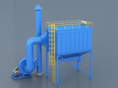 Industrial Dust Collection Equipment With Blue Body Yellow Ladder Platform Pipes And Fan 3d model