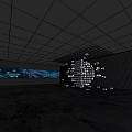 Modern Exhibition Hall Design With Digital Screens Hanging Light Installations And Reflective Floor