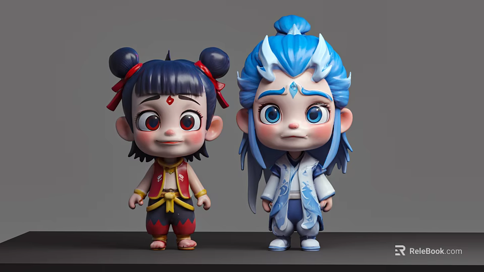 Cute 3D Game Movie Characters Featuring Black Hair Red Yellow Outfit Blue Hair White Attire 3d model 