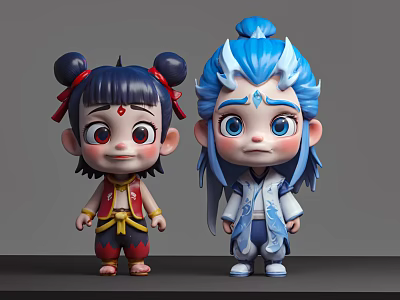 Cute 3D Game Movie Characters Featuring Black Hair Red Yellow Outfit Blue Hair White Attire 3d model