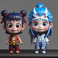 Cute 3D Game Movie Characters Featuring Black Hair Red Yellow Outfit Blue Hair White Attire