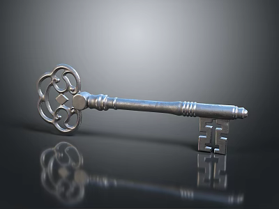 Vintage Silver Key With Ornate Decorative Handle On Black Reflective Surface 3d model