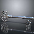 Vintage Silver Key With Ornate Decorative Handle On Black Reflective Surface