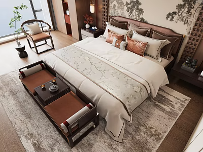 Chinese Style Double Bed Bedroom Interior With White Bedding Patterned Quilt And Wooden Nightstands 3d model