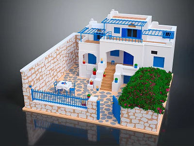 Mediterranean Style Detached Villa With White Walls Blue Accents Stone Courtyard Stairs And Greenery 3d model