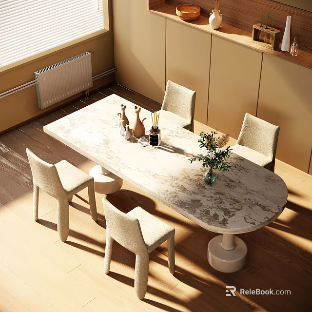 Modern Oval Dining Table Set With Marble Top And Four Upholstered Chairs Decorative Vase Plants 3d model 