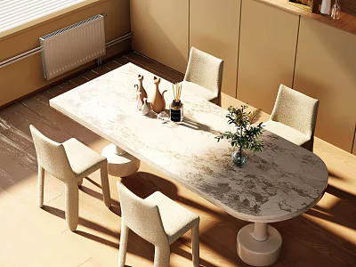 Modern Oval Dining Table Set With Marble Top And Four Upholstered Chairs Decorative Vase Plants 3d model