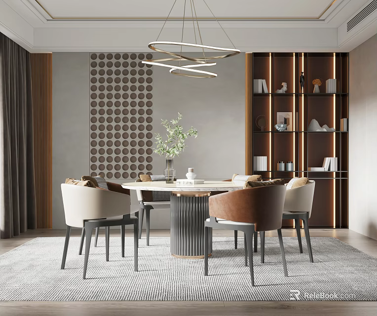 Modern Restaurant Interior Design With Open Layout Dining Table Chairs Pendant Light And Bookshelf 3d model