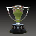 Silver Plated Trophy With Dual Handles And Black Base Hexagonal Accents Shiny Surface