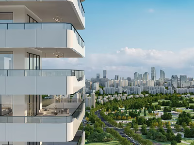 Modern High Rise Building Balcony With View Of Park Lush Green Trees And City Skyline 3d model