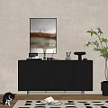 Modern Black Herringbone Pattern Console Table Sideboard with Decorative Items Green Plant and Wall Art 3d model