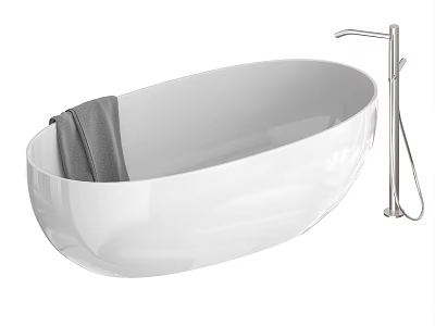 White Freestanding Bathtub With Chrome Floor Mounted Faucet And Gray Towel 3d model