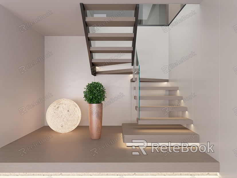 Solid Wood Stair Glass Handrail Stair Corner Stair Potted Plant Green Planting Three-dimensional Large Round Lighting model