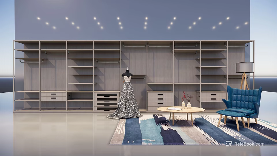 Modern Gray Wardrobe with Multiple Shelves Drawers Mannequin Dress Blue Chair Coffee Table and Rug 3d model 