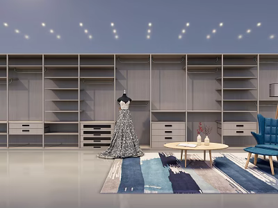 Modern Gray Wardrobe with Multiple Shelves Drawers Mannequin Dress Blue Chair Coffee Table and Rug 3d model