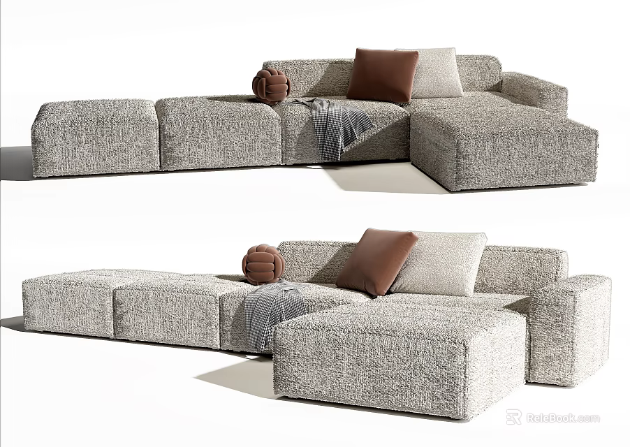Modern Gray Fabric Sectional Sofa With Brown Beige Cushions And Throw Blanket 3d model 
