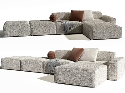 Modern Gray Fabric Sectional Sofa With Brown Beige Cushions And Throw Blanket 3d model