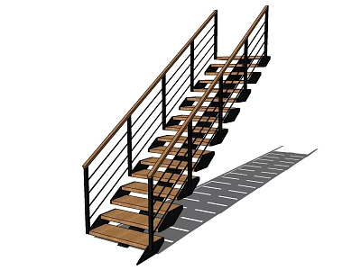 Modern Staircase With Wooden Steps And Metal Railings 3d model