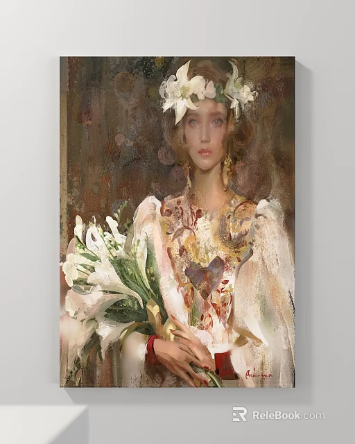 Abstract Painting Featuring Woman With Flower Crown And White Bouquet In Oil Style 3d model 