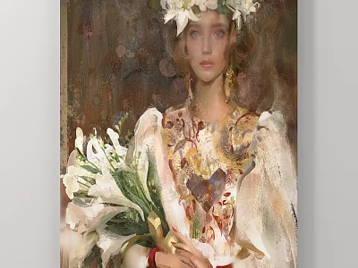 Abstract Painting Featuring Woman With Flower Crown And White Bouquet In Oil Style 3d model