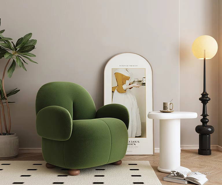 Green Modern Accent Chair With Arched Mirror White Side Table And Globe Floor Lamp 3d model 