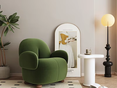 Green Modern Accent Chair With Arched Mirror White Side Table And Globe Floor Lamp 3d model