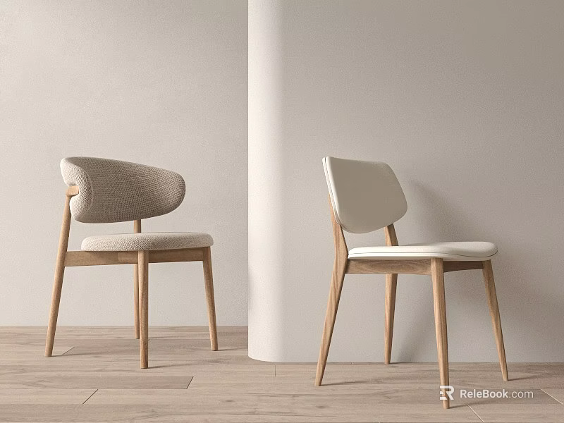 Light Gray And White Fabric Dining Chairs With Wooden Legs Modern Minimalist Design 3d model 