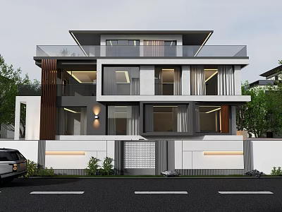 Modern Single Family House Exterior Design With Two Story Large Glass Windows And Landscaped Garden 3d model