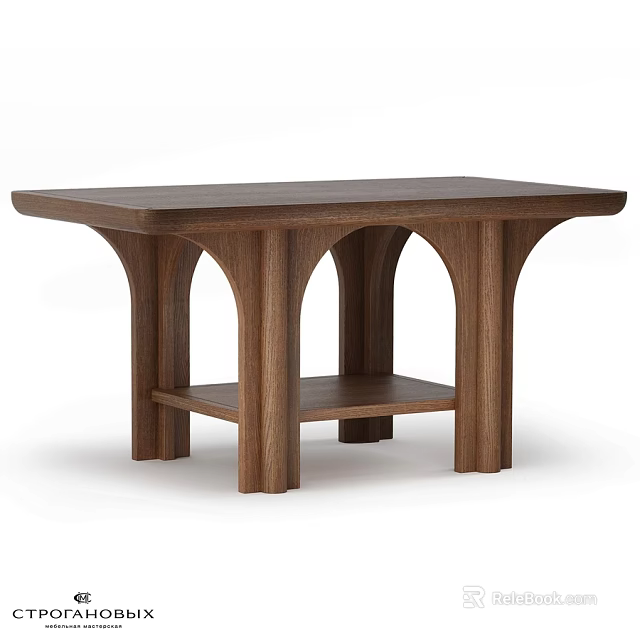 Modern Solid Wood Dining Table With Arch Legs And Lower Shelf 3d model 