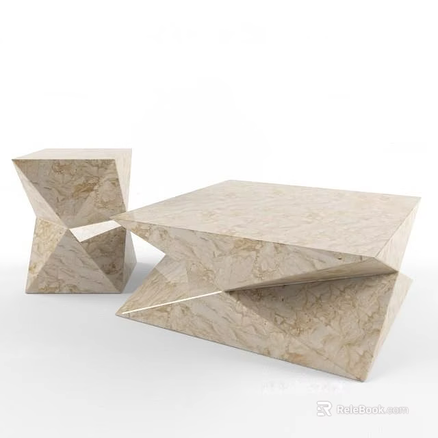 Geometric Marble Coffee Table Set With Abstract Shape And Modern Light Beige Design 3d model 
