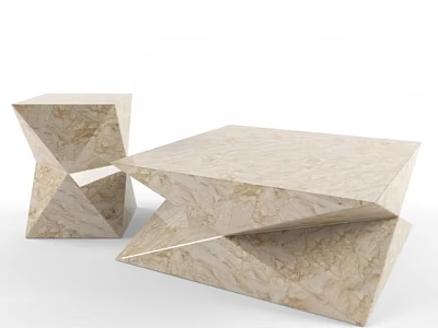 Geometric Marble Coffee Table Set With Abstract Shape And Modern Light Beige Design 3d model
